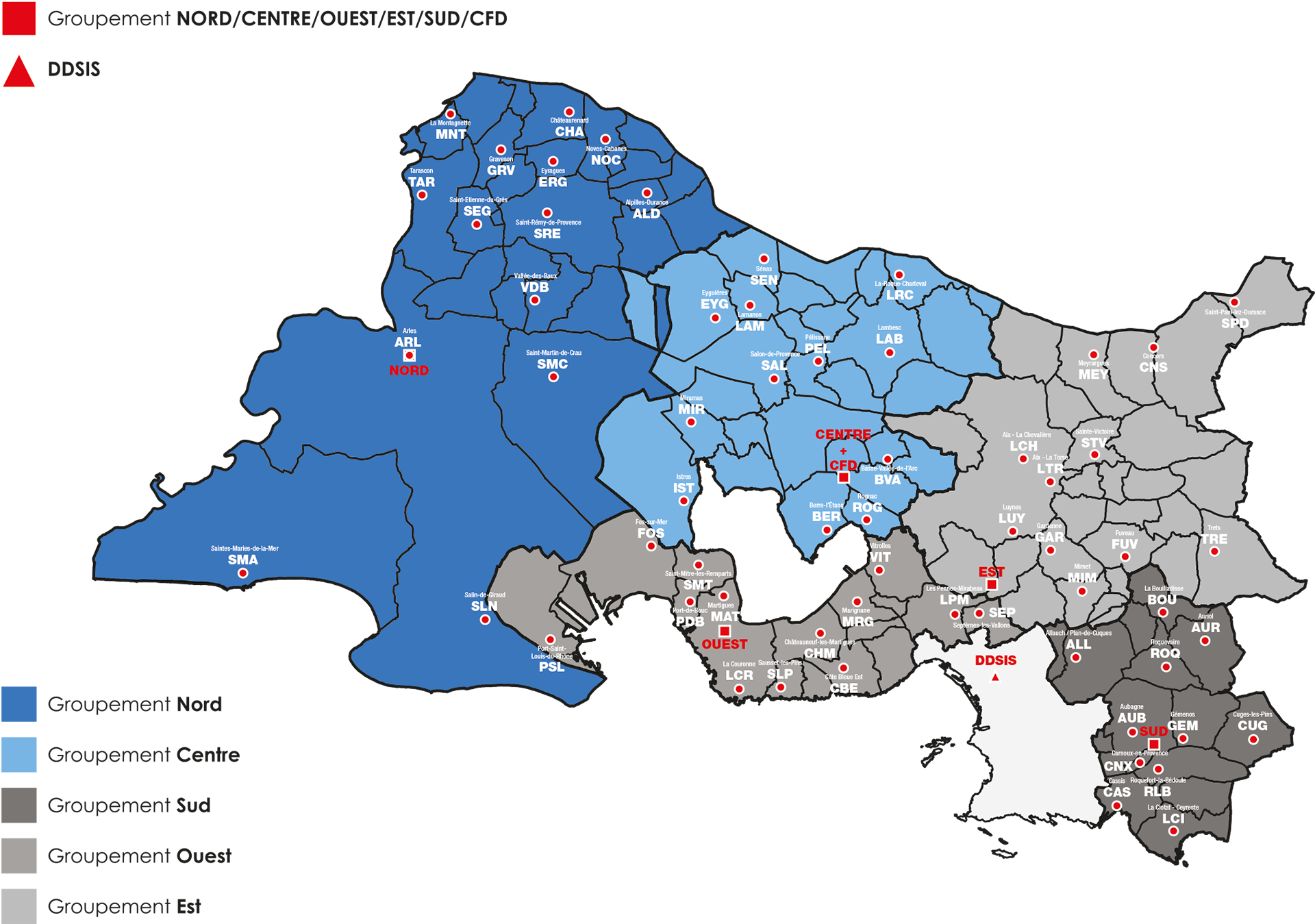 Carte des centre d'incendie et secours des Pompiers13